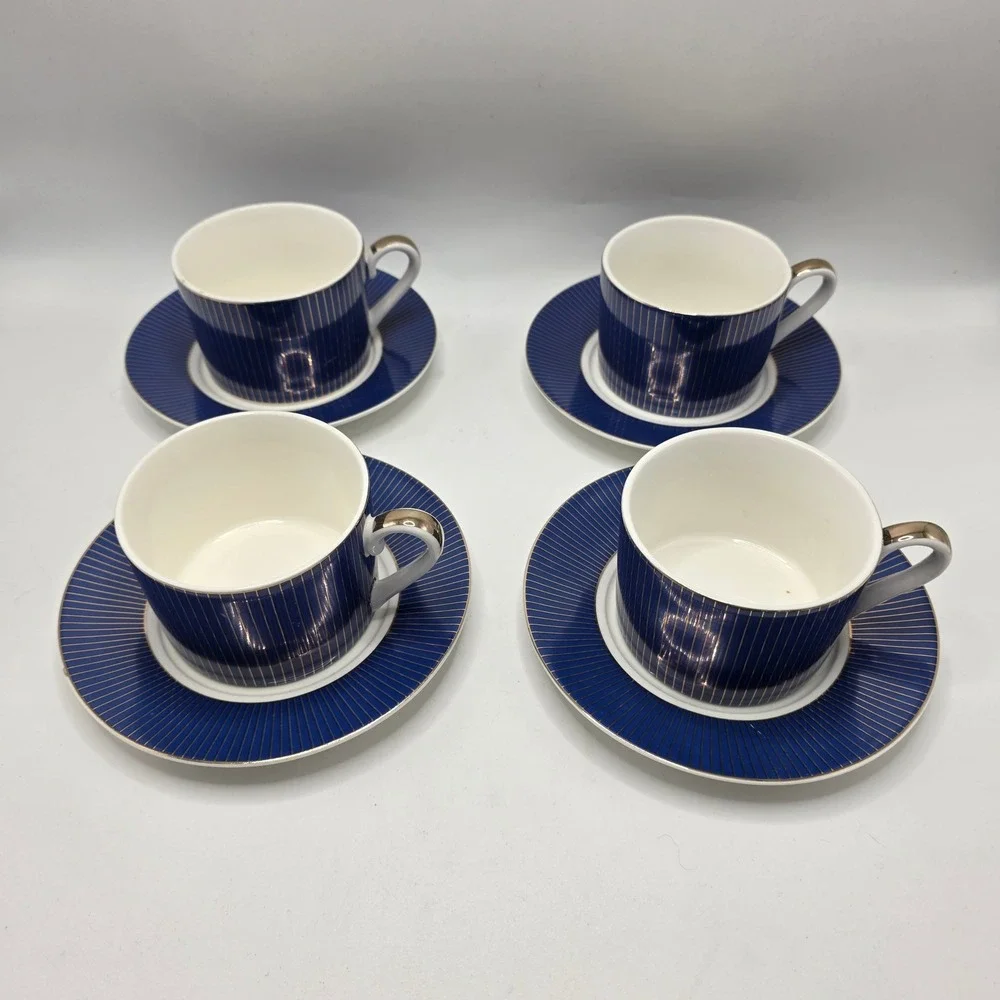 Cobalt Blue Gold Pinstripe Tea Cup & Saucer Set 4 Fine Porcelain Tea Party